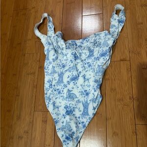 Blue and White Floral Print Bodysuit